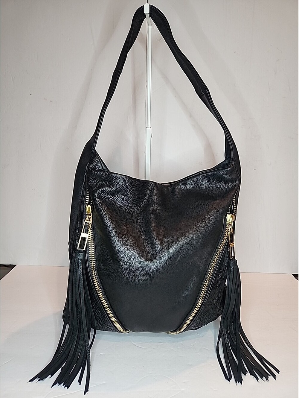 KELSI DAGGER Leather Hobo Bag Black Large Gold hardware Fringe